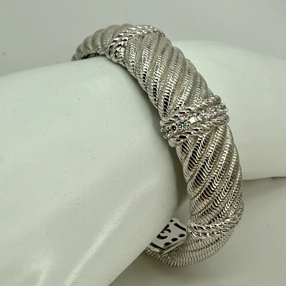 Vintage Judith Ripka Sterling Silver Cuff Bracelet with White Crystals 6.5”